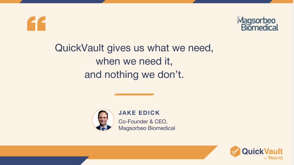 Jake Edick Entirety Bio Quote, CEO, saying QuickVault gives his team all they need.